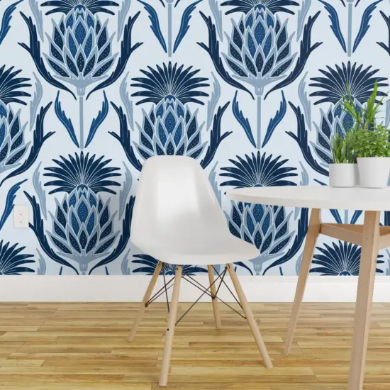 Peel & Stick Wallpaper 2FT Wide Thistle Damask Blue Plant Art Nouveau Hand Drawn Floral Navy Sky Custom Removable Wallpaper by Spoonflower {1}