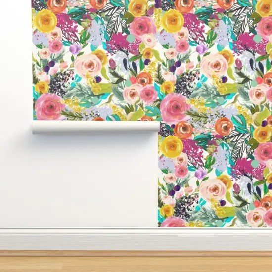 Pre-Pasted Wallpaper 2FT Wide Watercolor Floral Botanical Spring Nursery Roses Foliage Large Scale Custom Pre-pasted Wallpaper by Spoonflower {2}