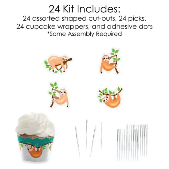 Big Dot of Happiness Let's Hang - Sloth - Cupcake Decoration - Baby Shower or Birthday Party Cupcake Wrappers and Treat Picks Kit - Set of 24 {6}