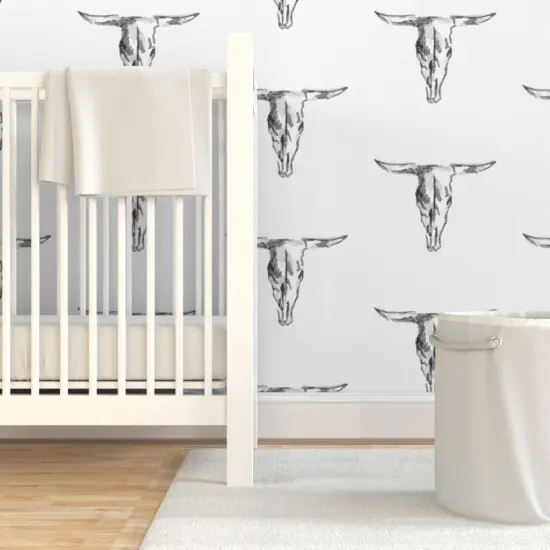 Pre-Pasted Wallpaper 2FT Wide Cow Skull Bull Black And White Western Cowboy Rustic Custom Pre-pasted Wallpaper by Spoonflower {7}
