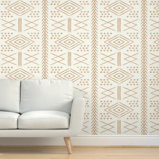 Pre-Pasted Wallpaper 2FT Wide Vintage Moroccan Bone Dark Maple Beige Boho Trendy Tribal Farmhouse & Modern Bohemian Home Geometric Mudcloth Custom Pre-pasted Wallpaper by Spoonflower {5}
