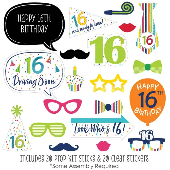 Big Dot of Happiness 16th Birthday - Cheerful Happy Birthday - Colorful Sweet Sixteen Birthday Party Photo Booth Props Kit - 20 Count {3}