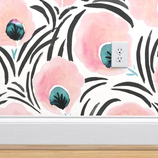 Peel & Stick Wallpaper 2FT Wide Feather Flowers Floral Art Deco Soft Pastel Blush Pink White Turquoise Black Custom Removable Wallpaper by Spoonflower {4}