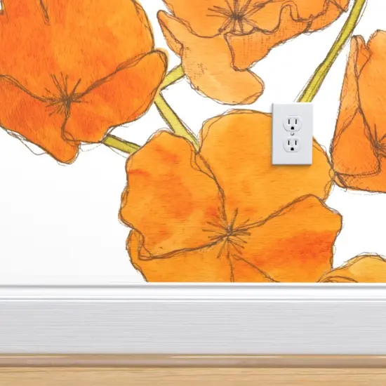 Pre-Pasted Wallpaper 2FT Wide California Poppy Watercolor Floral Orange Poppies Large Scale Custom Pre-pasted Wallpaper by Spoonflower {4}