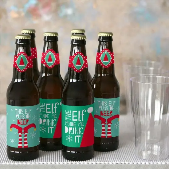 Big Dot of Happiness Elf Squad - Elf Christmas Decorations for Women and Men - 6 Beer Bottle Label Stickers and 1 Carrier {7}
