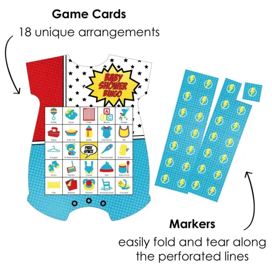 Big Dot of Happiness Bam Superhero - Picture Bingo Cards and Markers - Baby Shower Shaped Bingo Game - Set of 18 {3}