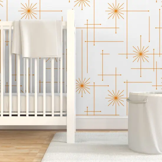 Pre-Pasted Wallpaper 2FT Wide Mid Century Atomic Starbursts White Orange Stars Abstract Modern Bold Sun Custom Pre-pasted Wallpaper by Spoonflower {7}