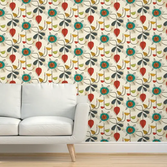 Pre-Pasted Wallpaper 2FT Wide Mid Century Retro Floral Block Colour Cream Beige Geometric Shapes Atomic Age Custom Pre-pasted Wallpaper by Spoonflower {5}
