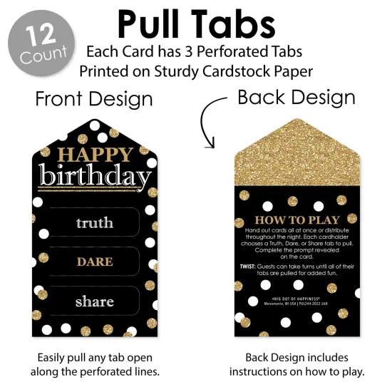 Big Dot of Happiness Adult Happy Birthday - Gold - Birthday Party Game Pickle Cards - Truth, Dare, Share Pull Tabs - Set of 12 {4}