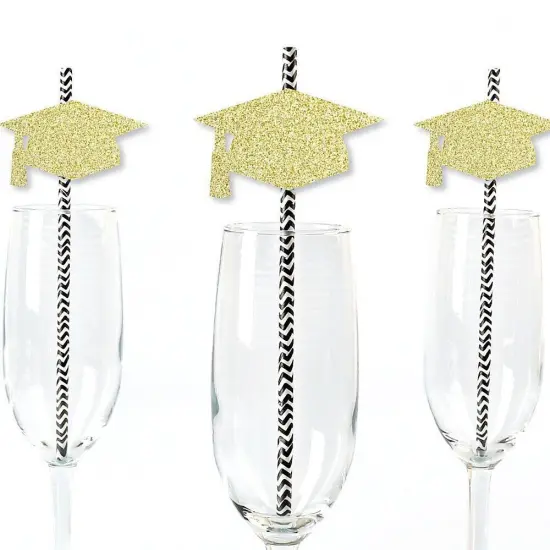Big Dot of Happiness Gold Glitter Grad Cap Party Straws - No-Mess Real Gold Glitter Cut-Outs & Decorative Graduation Party Paper Straws - Set of 24 {1}