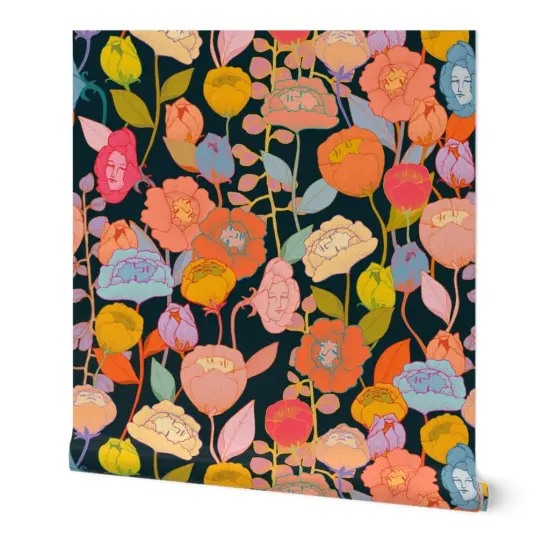 Peel & Stick Wallpaper 2FT Wide Surreal Floral Flower Faces Spooky Fantasy Tropica Hawaiian Wonderland Exotic Magical Custom Removable Wallpaper by Spoonflower {7}