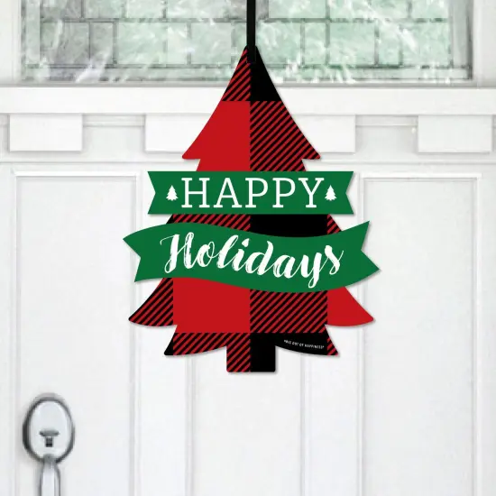 Big Dot of Happiness Holiday Plaid Trees - Hanging Porch Buffalo Plaid Christmas Party Outdoor Decorations - Front Door Decor - 1 Piece Sign {1}