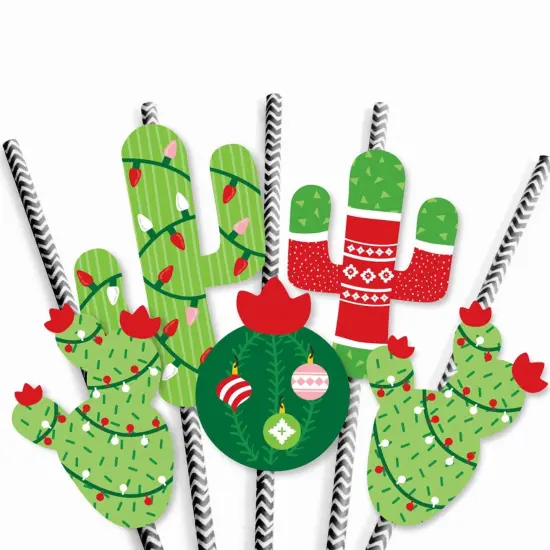 Big Dot of Happiness Merry Cactus - Paper Straw Decor - Christmas Cactus Party Striped Decorative Straws - Set of 24 {7}