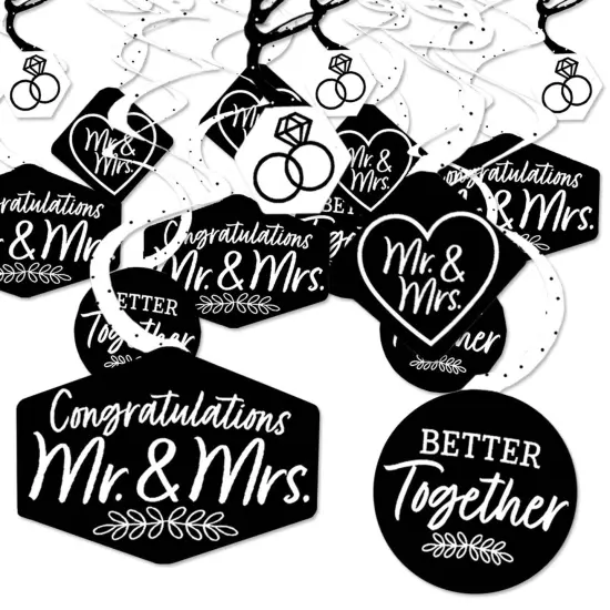 Big Dot of Happiness Mr. and Mrs. - Black and White Wedding or Bridal Shower Hanging Decor - Party Decoration Swirls - Set of 40 {1}