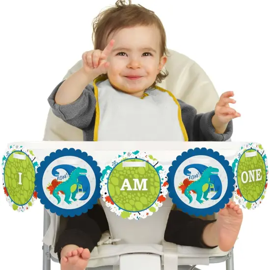 Big Dot of Happiness Roar Dinosaur 1st Birthday Highchair Decor - I Am One - First Birthday High Chair Banner {1}