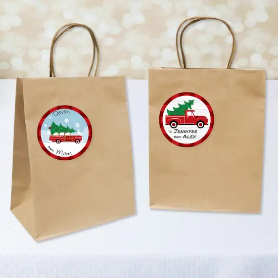 Big Dot of Happiness Merry Little Christmas Tree - Round Red Truck and Car Christmas Party To and From Gift Tags - Large Stickers - Set of 8 {3}