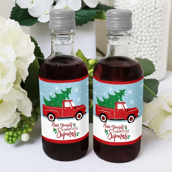 Big Dot of Happiness Merry Little Christmas Tree - Mini Wine and Champagne Bottle Label Stickers - Red Truck Christmas Party Favor Gift - Set of 16 {6}