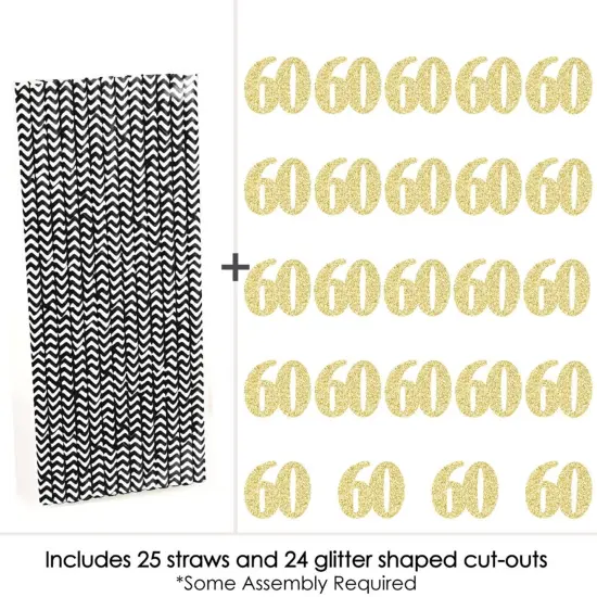 Big Dot of Happiness Gold Glitter 60 Party Straws - No-Mess Real Gold Glitter Cut-Out Numbers & Decorative 60th Birthday Party Paper Straws - 24 Ct {6}
