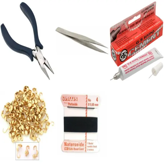 Bead Tip Kit - Pliers, Tweezers, Cement, 100 Bead tips & Black Bead Cord #4 {1}