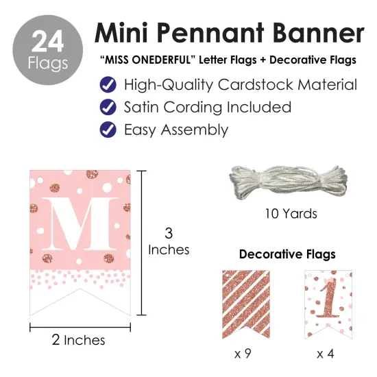 Big Dot of Happiness 1st Birthday Little Miss Onederful - Girl First Birthday Party Mini Pennant Banner - Miss Onederful {6}