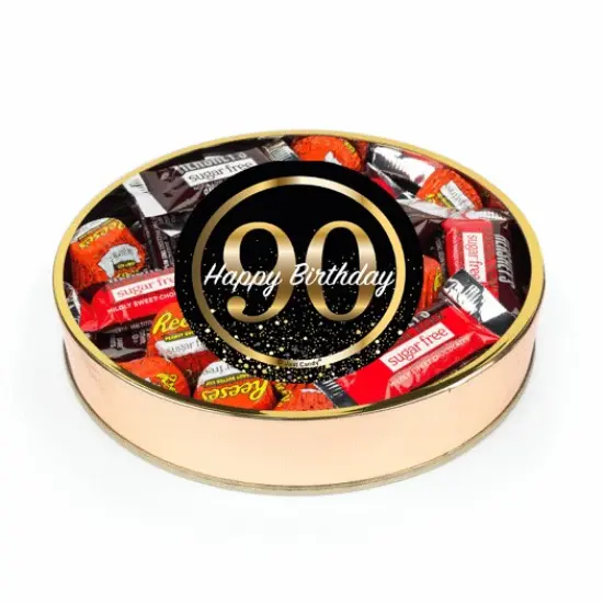 90th Birthday Sugar Free Candy Gift Tin Large Plastic Tin with Sticker and Hershey's Chocolate & Reese's Mix - By Just Candy {1}