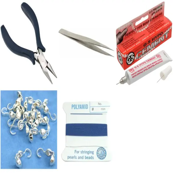 Bead Tip Kit - Pliers, Tweezers, Cement, 15 Bead Tips & Blue Bead Cord #8 {1}