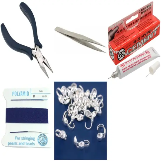 Bead Tip Kit - Pliers, Tweezers, Cement, Dark Blue Bead Cord #6 & 25 Bead Tips {1}