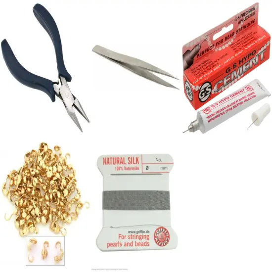 Bead Tip Kit - Pliers, Tweezers, Cement, 100 Bead tips & Grey Bead Cord #3 {1}
