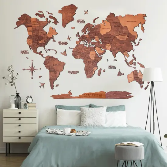 Living Room Decor, 3D World Map Wall Art Oak color, Travel Map, Housewarming Gift for the Home, Enjoy The Wood {6}