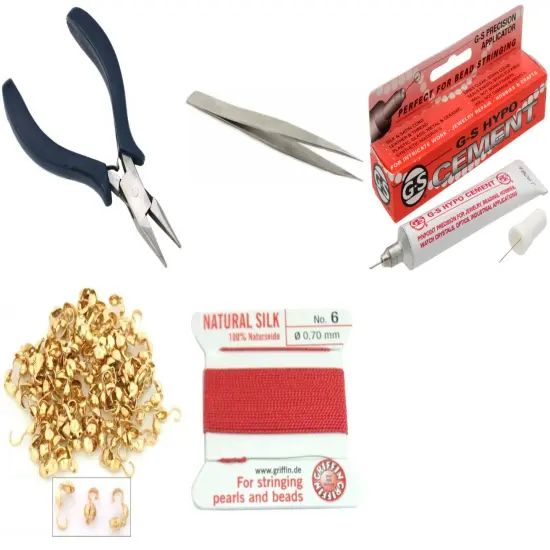 Bead Tip Kit - Pliers, Tweezers, Cement, 100 Bead tips & Coral Bead Cord #6 {1}