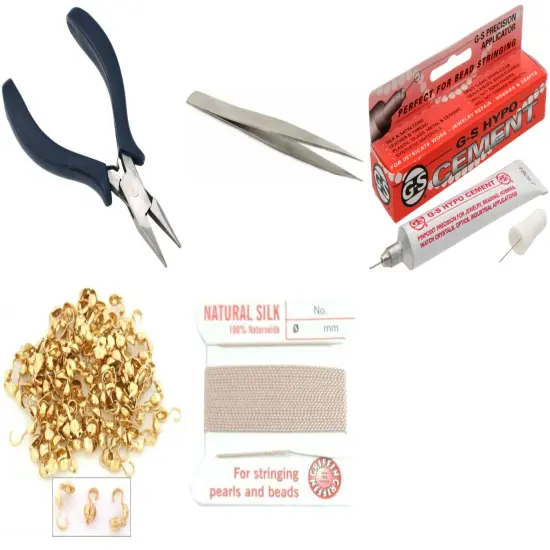 Bead Tip Kit - Pliers, Tweezers, Cement, 100 Bead tips & Pink Bead Cord #4 {1}