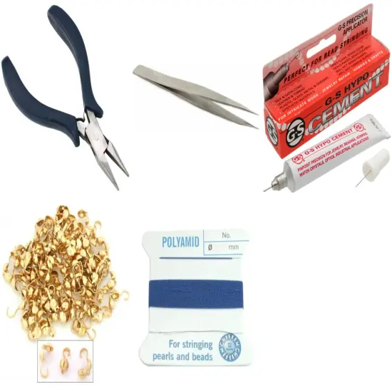 Bead Tip Kit - Pliers, Tweezers, Cement, 100 Bead tips & Blue Bead Cord #8 {1}