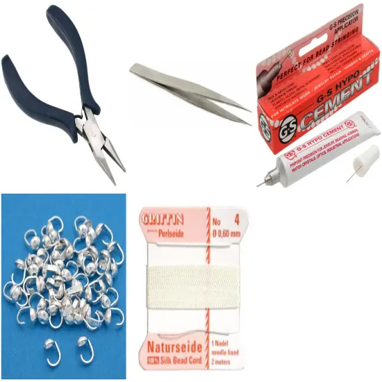 Bead Tip Kit - Pliers, Tweezers, Cement, 50 Bead Tips & White Bead Cord #4 {1}