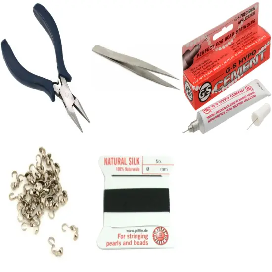 Bead Tip Kit - Pliers, Tweezers, Cement, 30 Bead Tips & Black Bead Cord #6 {1}