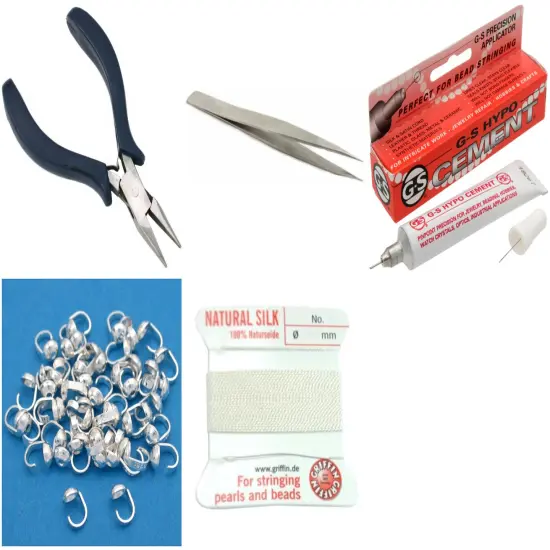Bead Tip Kit - Pliers, Tweezers, Cement, 50 Bead Tips & White Bead Cord #1 {1}