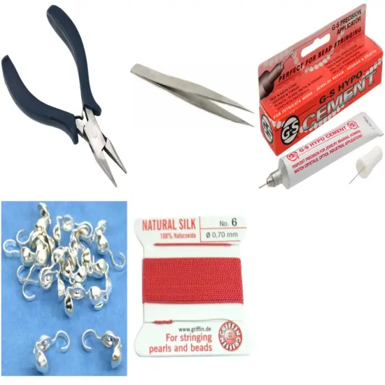 Bead Tip Kit - Pliers, Tweezers, Cement, 15 Bead Tips & Coral Bead Cord #6 {1}