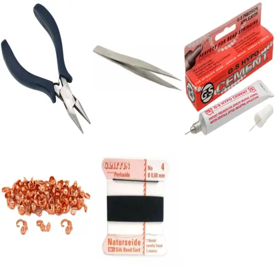 Bead Tip Kit - Pliers, Tweezers, Cement, 50 Bead Tips & Black Bead Cord #4 {1}