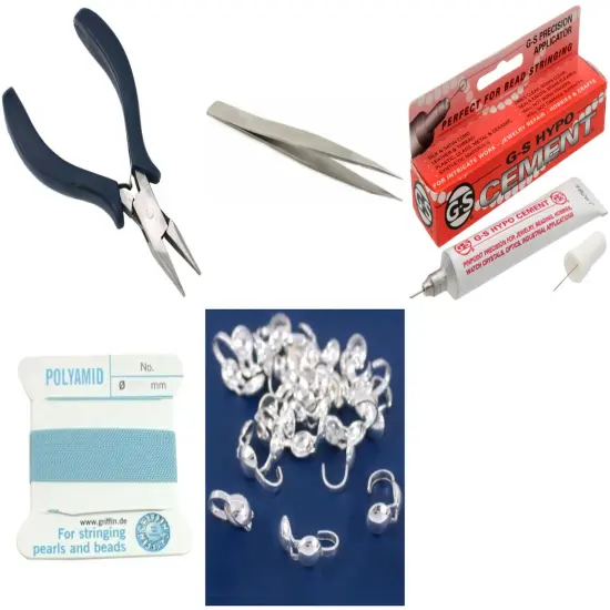 Bead Tip Kit - Pliers, Tweezers, Cement, Turqoise Bead Cord #8 & 25 Bead Tips {1}