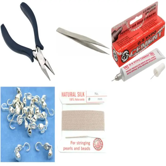 Bead Tip Kit - Pliers, Tweezers, Cement, 15 Bead Tips & Pink Bead Cord #4 {1}