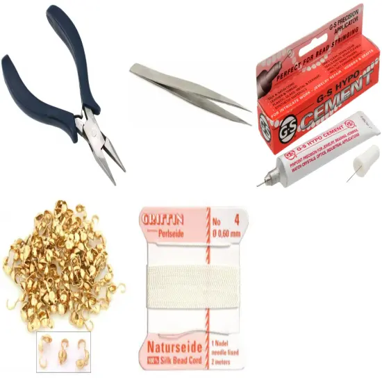Bead Tip Kit - Pliers, Tweezers, Cement, 100 Bead tips & White Bead Cord #4 {1}