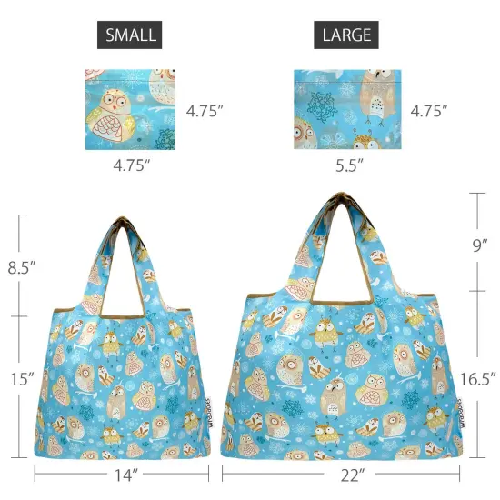 Wrapables Large & Small Foldable Tote Nylon Reusable Grocery Bags, Set of 2, Silly Owls {2}