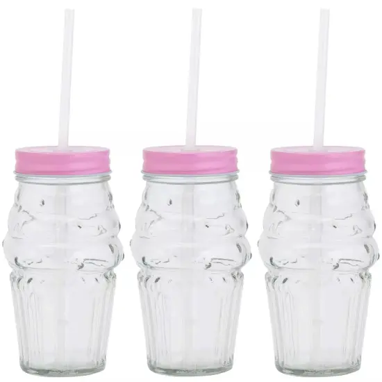 Amici Home Ice Cream Mason Jar Set of 3, Glass Drinking Jar, 16 Ounce - Pink {1}