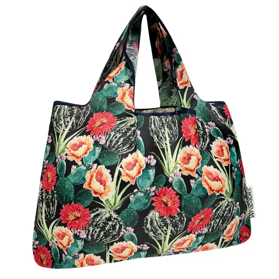 Wrapables Large Foldable Tote Nylon Reusable Grocery Bags, Floral Cactus {1}