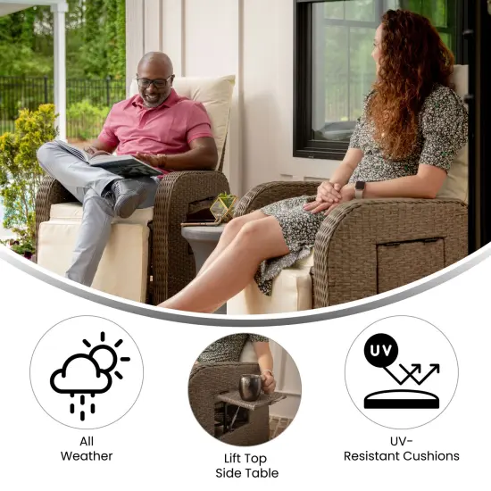 Merrick Lane Selci Set of 2 Modern Style Patio Wicker Rattan Indoor/Outdoor Recliner Lounge Chairs with Side Tables and Adjustable Backs Beige/BrownFrame {2}