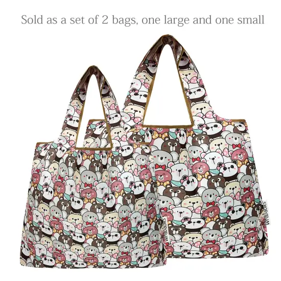 Wrapables Large & Small Foldable Tote Nylon Reusable Grocery Bags, Set of 2, Funny Bears {3}