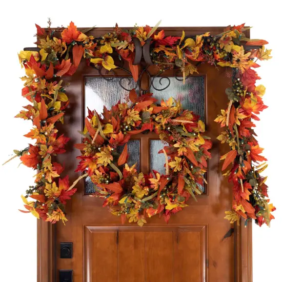 24 in. Holiday Wreath with Lights - Fall Harvest Leaf {3}