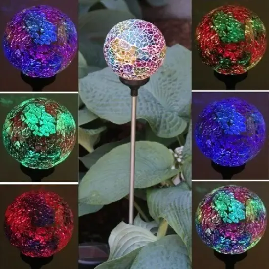 Solar Mosaic Glass Ball Garden Stake Color Change LED Light Outdoor Yard Decor {3}