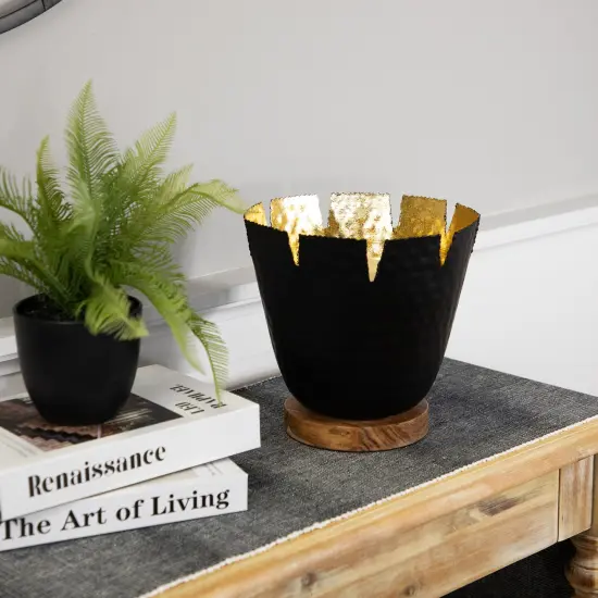 Northlight Iron and Foil Pillar Candle Holder with Wooden Base - 9.25" - Black and Gold {3}