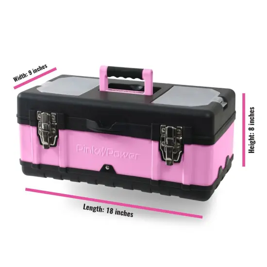 Pink Power Pink Tool Box for Women - 18" Small Metal & Plastic Portable Lightweight Pink Locking Empty Toolbox Chest - Craft Tote Storage Tool Case Organizer for Ladies Pink Tool Set Kit {3}