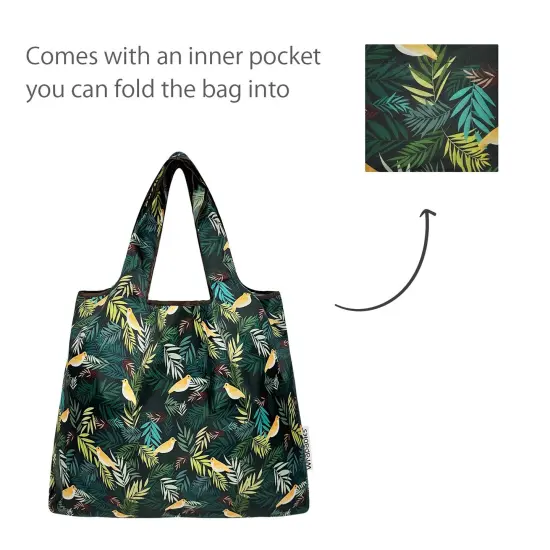 Wrapables Medium Foldable Tote Nylon Reusable Grocery Bag (Set of 2), Birds in Ferns {5}